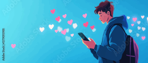 Social media and digital online communication concept, man using smartphone with likes icons on social media. Banner background.