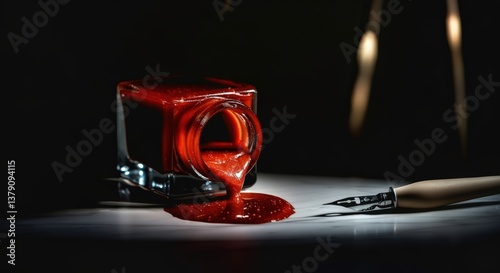 Close-up of spilled red ink from a glass bottle with a fountain pen on a dark background, illuminated by dramatic lighting