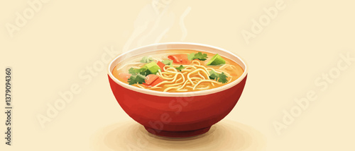 Steaming bowl of flavorful ramen with vegetables and herbs.