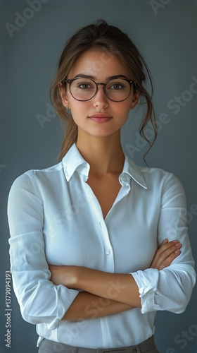 Professional Woman in a White Shirt and Glasses Poses Confidently With Arms C...