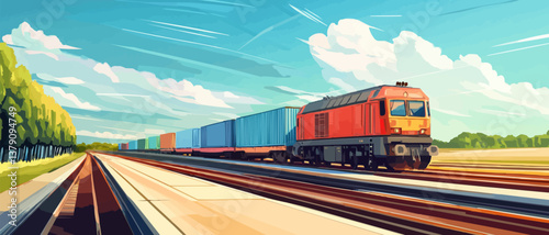 The freight train passes by the station Wagons with goods delivery. Creative Banner. Copyspace image