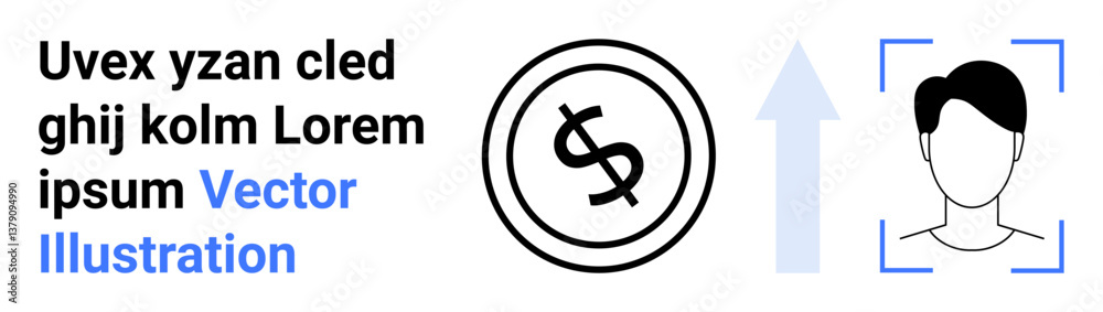 Coin with dollar sign, upward arrow, and face recognition frame combine to represent technology, financial success, and growth. Ideal for innovation, security, AI, finance analytics progression Coin with dollar sign, upward arrow, and face recognition frame combine to represent technology, financial success, and growth. Ideal for innovation, security, AI, finance analytics progression