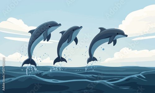 Three dolphins jumping out of the water. Scene is joyful and playful. The dolphins are in the ocean, and they are leaping out of the water, creating a ...