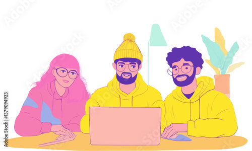 Three young designers using a laptop together at work