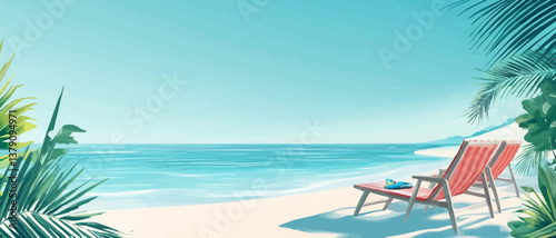to enjoy a hot summer break by a quiet blue beach. Creative banner. Copyspace image