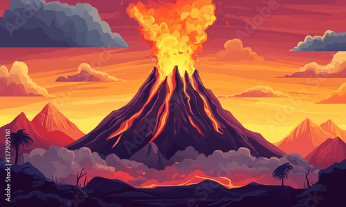 A large volcano hot lava and gases