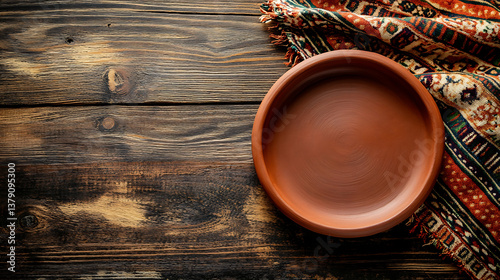 Empty clay plate, mexican cloth on rustic wooden table