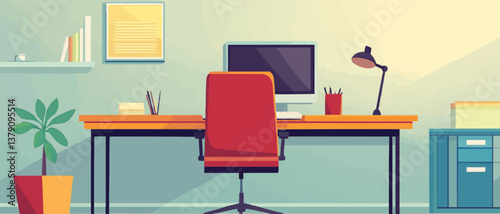 workspace interior with computer on wooden table and office chair, modern workplace