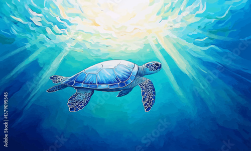 A serene underwater scene with a sea turtle gracefully swimming amidst rays of sunlight and gentle ripples, capturing the tranquility of ocean life