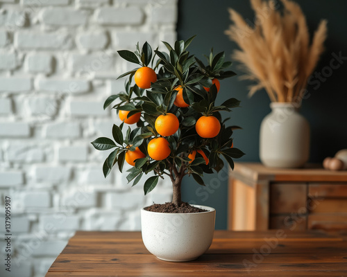 potted miniature tree with ripe fruit sits on a wooden table
