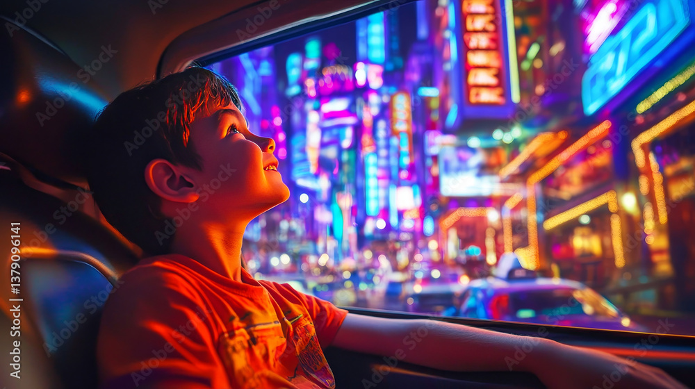 Fototapeta premium Excited Young Boy is Sitting on Backseat of a Car, Commuting Home at Night. Looking Out of the Window with Amazement of How Beautiful is the City Street with Working Neon Signs.