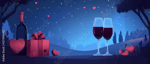 Romantic wine celebration with gift and hearts for a special occasion at night