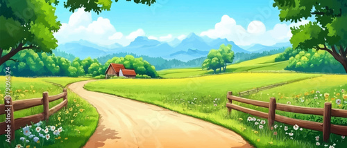 Rural road to village farm and agriculture field