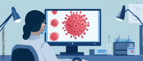 Scientist analyzing samples with a virus illustration on the monitor