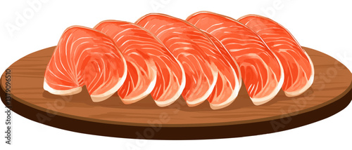 Sliced salmon arranged neatly on a wooden board ready for meal preparation