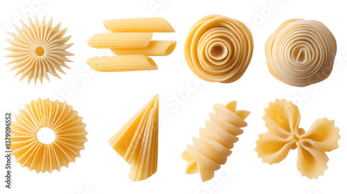 A collection of penne pasta, arranged in a circular pattern, their ridged surfaces visible and neatly positioned, on a white background.