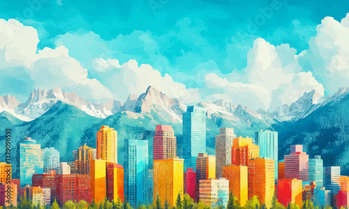 Skyline of a vibrant city against a picturesque mountain backdrop