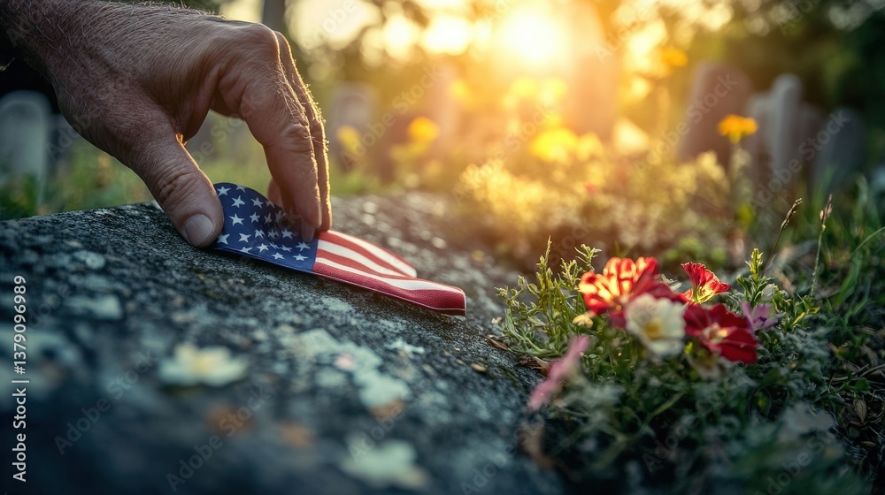 Obraz premium A hand places a flag on a grave in the sunlight