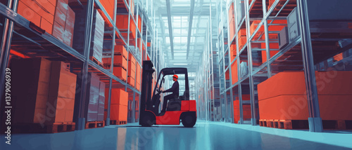 Storehouse employee in uniform working on forklift in modern automatic warehouse. Boxes are on the shelves of the warehouse. Warehousing, machinery concept. Logistics in stock.