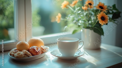 Wallpaper Mural   A cup of coffee and a plate of pastries with a vase of flowers on a windowsill Torontodigital.ca