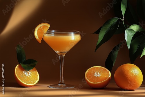 Refreshing Citrus Cocktail With Orange Slices and Leaves on a Warm Background