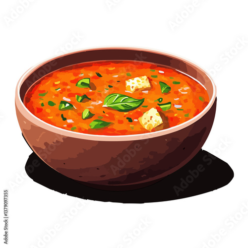 Tomato soup with basil and bread in a bowl against a dark background.