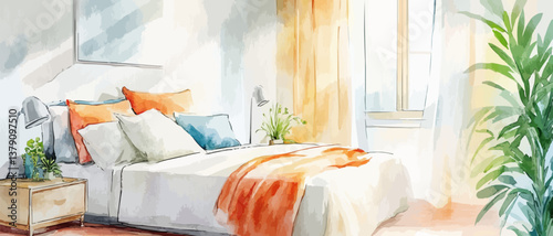 Tranquil Watercolor Illustration of a Bedroom Encouraging Healthy Sleep Habits to Aid in Treating Sleep Disorders