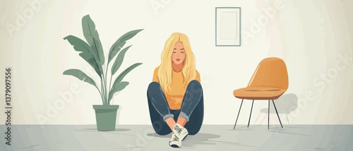Unhappy young caucasian woman with blonde hair thinking about bad relationships problems, break up with boyfriend. Worried millennial girl sitting on floor in bedroom near chair and green plant alone