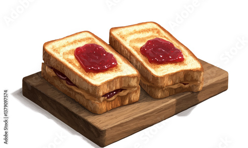 Two slices of toasted bread with peanut butter and jelly on a wooden cutting board.