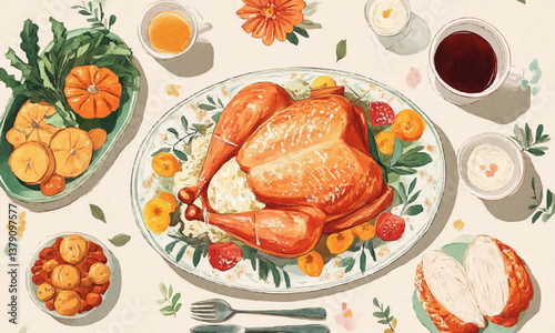 Traditional Thanksgiving dinner with roasted turkey and side dishes