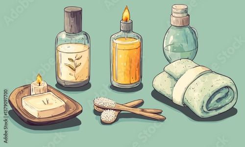 Various spa wellness products isolated on a background, including a towel, a candle, and oil and soap aromas.