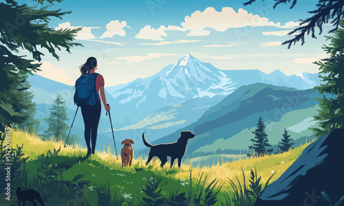 Female hiker with dogs enjoying a mountain hike