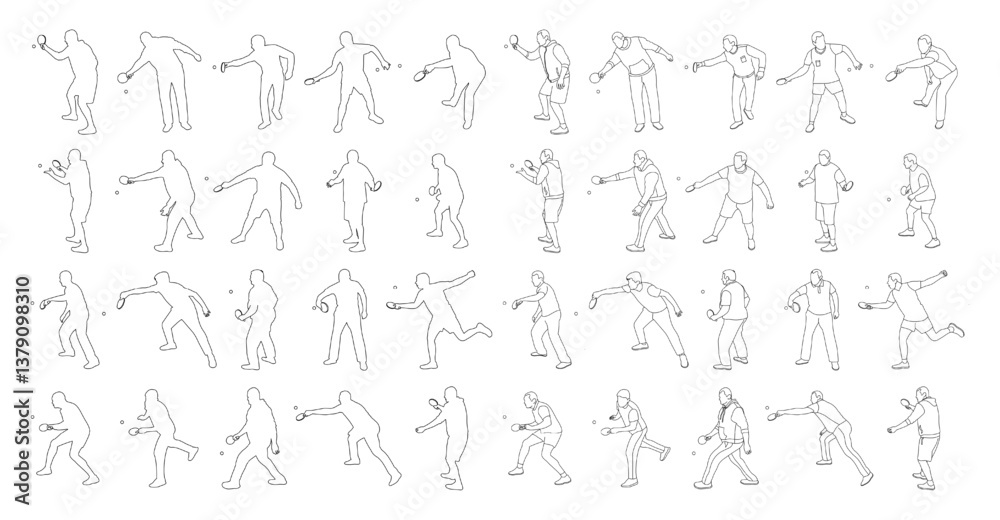 Obraz premium Large collection of silhouettes of male athletes or players of table tennis, ping pong