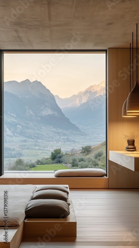 Mountain View Bedroom With Large Windows Offering Stunning Landscape During G...
