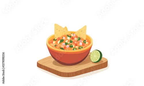 A bowl of fresh salsa with tomato, onion, cilantro, and lime juice served with tortilla chips on a wooden cutting board.