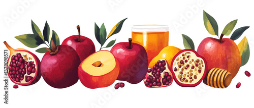 Rosh Hashanah, the Jewish New Year holiday, is depicted with a creative layout of traditional symbols such as apples, honey, and pomegranate