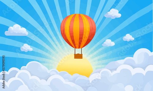 Hot air balloon soaring through a bright blue sky filled with fluffy white clouds, illuminated by golden sunlight for an adventurous and uplifting scene