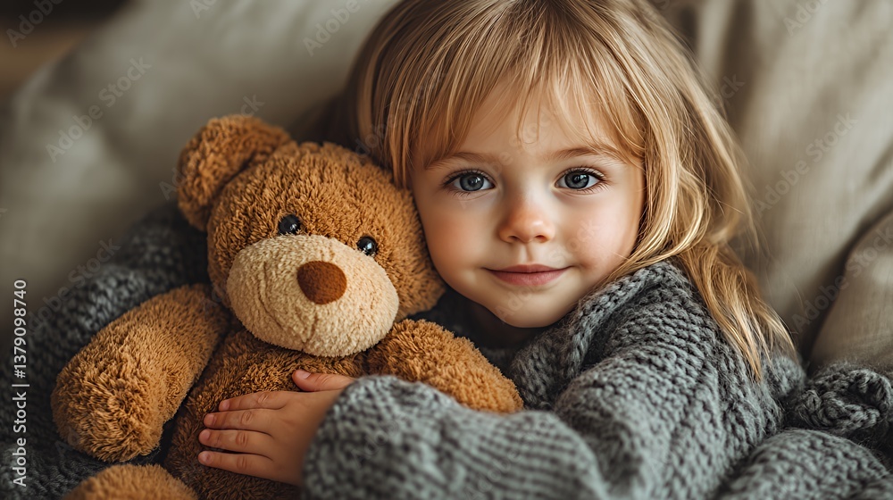 Child Expresses Love by Hugging Soft Teddy Bear While Relaxing Indoors Child Expresses Love by Hugging Soft Teddy Bear While Relaxing Indoors