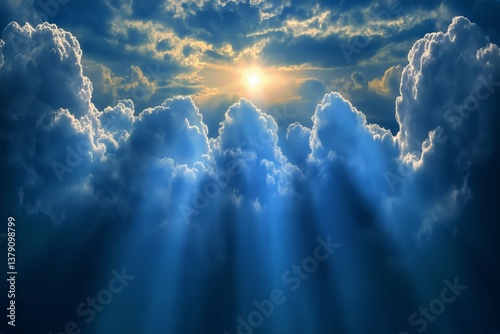 Beautiful Sunlight Breaking Through Clouds at Dawn Over a Serene Landscape