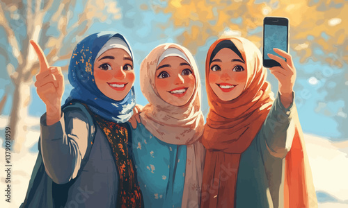 Smiling Friends in Hijabs Taking a Selfie Generative AI image