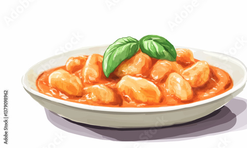 Plate of Italian gnocchi served in a creamy tomato sauce, garnished with fresh basil leaves and illuminated by soft natural light for an inviting dining scene