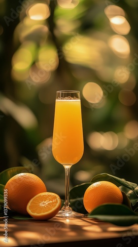 Bright Orange Juice in a Glass With Fresh Oranges and Green Leaves on a Table...