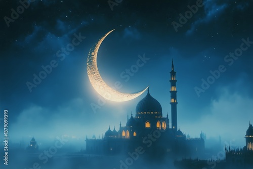 Nightly View of a Grand Mosque Illuminated Under a Bright Crescent Moon