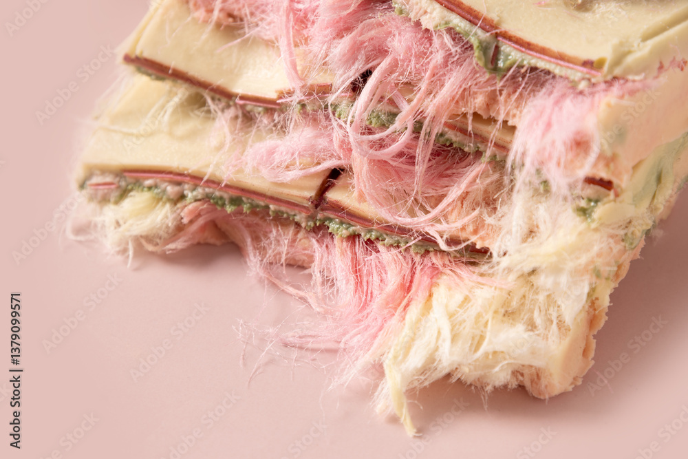 Trendy pink chocolate with airy filling ayer of white and pink pismaniye on pink background. Close up.