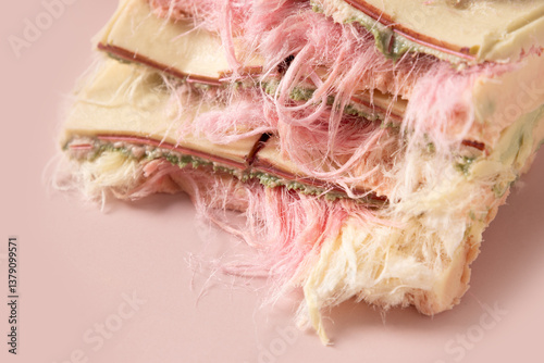 Obraz na płótnie Trendy pink chocolate with airy filling ayer of white and pink pismaniye on pink background. Close up. w salonie
