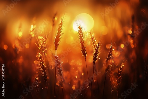 Golden Wheat Field at Sunset With Glowing Sunlight and Soft Bokeh Effects in ...