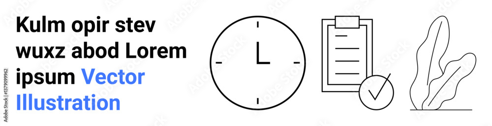 Clock indicating time, checklist with mark, and abstract plant design. Ideal for productivity, time management, organization, efficiency, planning, focus simple landing page Clock indicating time, checklist with mark, and abstract plant design. Ideal for productivity, time management, organization, efficiency, planning, focus simple landing page
