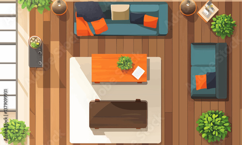 Top down view of a living room in a modern house