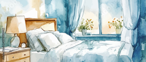 Tranquil Watercolor Illustration of a Bedroom Encouraging Healthy Sleep Habits to Aid in Treating Sleep Disorders