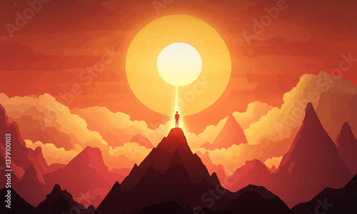 unlock hidden potencial concept. Minimalistic Illustration of a Person Standing on a Peak with Rocket Taking Off Towards the Sun